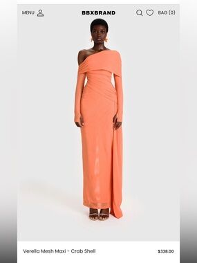 NWT BBXBRAND Verella Mesh Maxi Dress Crab Shell Orange One Shoulder Ruched M
